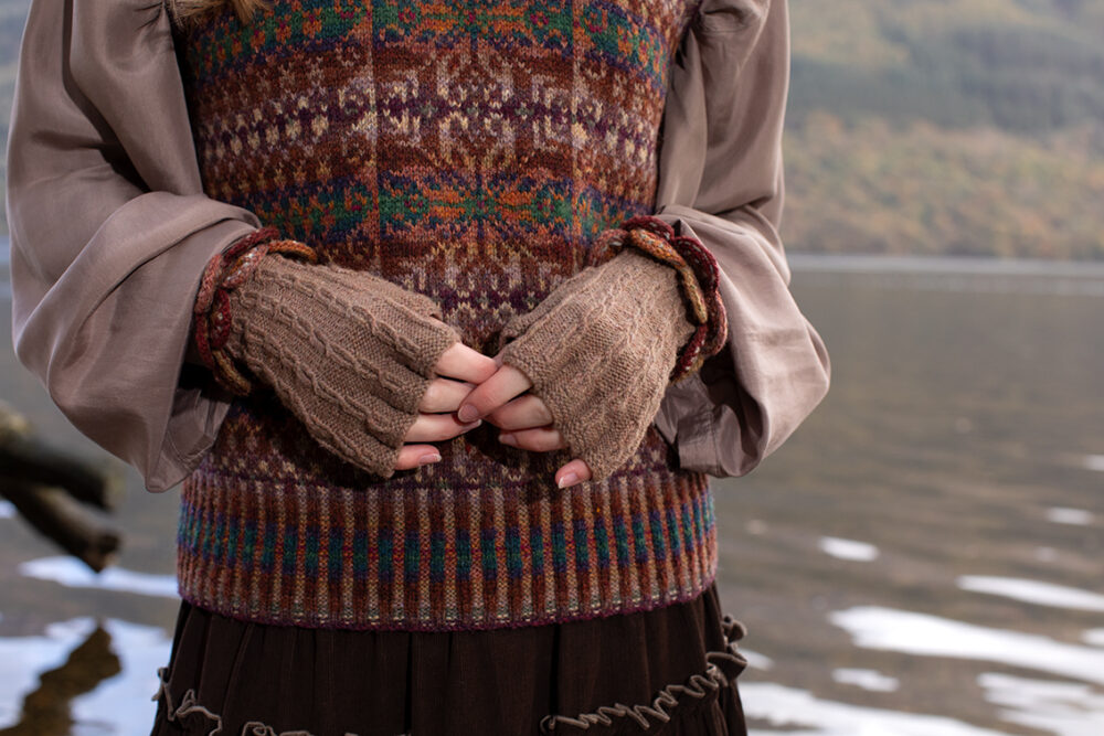 The Ruabhal Hat Set and Thoroughbred Vest patterncard kit designs by Alice Starmore in Hebridean 2 Ply