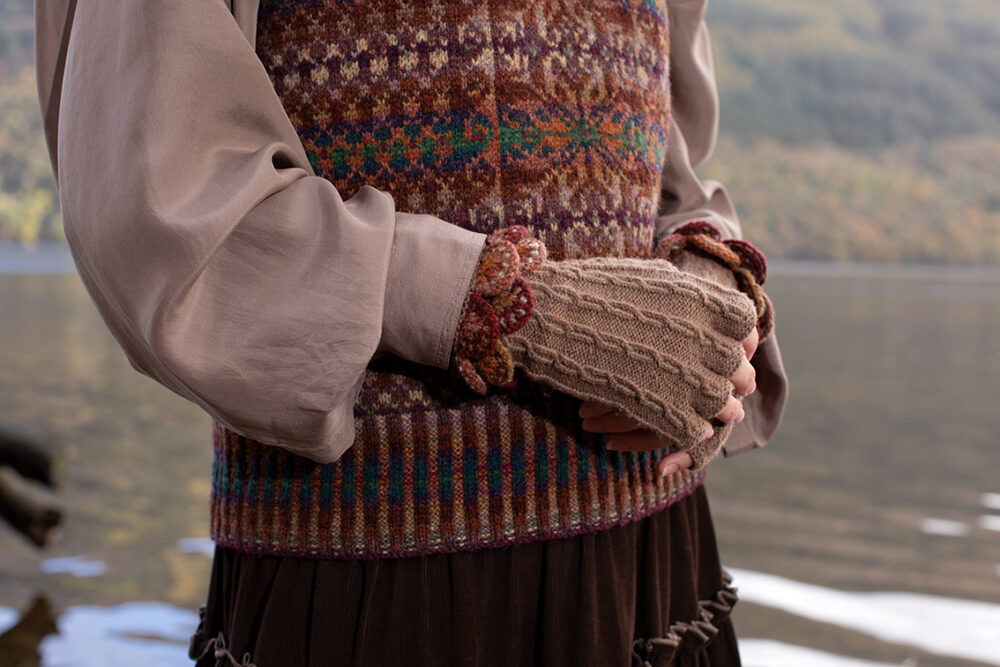 The Ruabhal Hat Set and Thoroughbred Vest patterncard kit designs by Alice Starmore in Hebridean 2 Ply