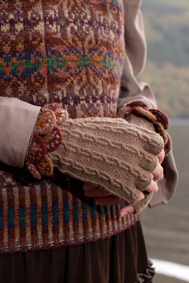 The Ruabhal Hat Set and Thoroughbred Vest patterncard kit designs by Alice Starmore in Hebridean 2 Ply