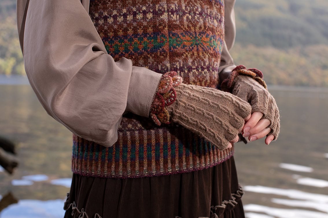 The Ruabhal Hat Set and Thoroughbred Vest patterncard kit designs by Alice Starmore in Hebridean 2 Ply