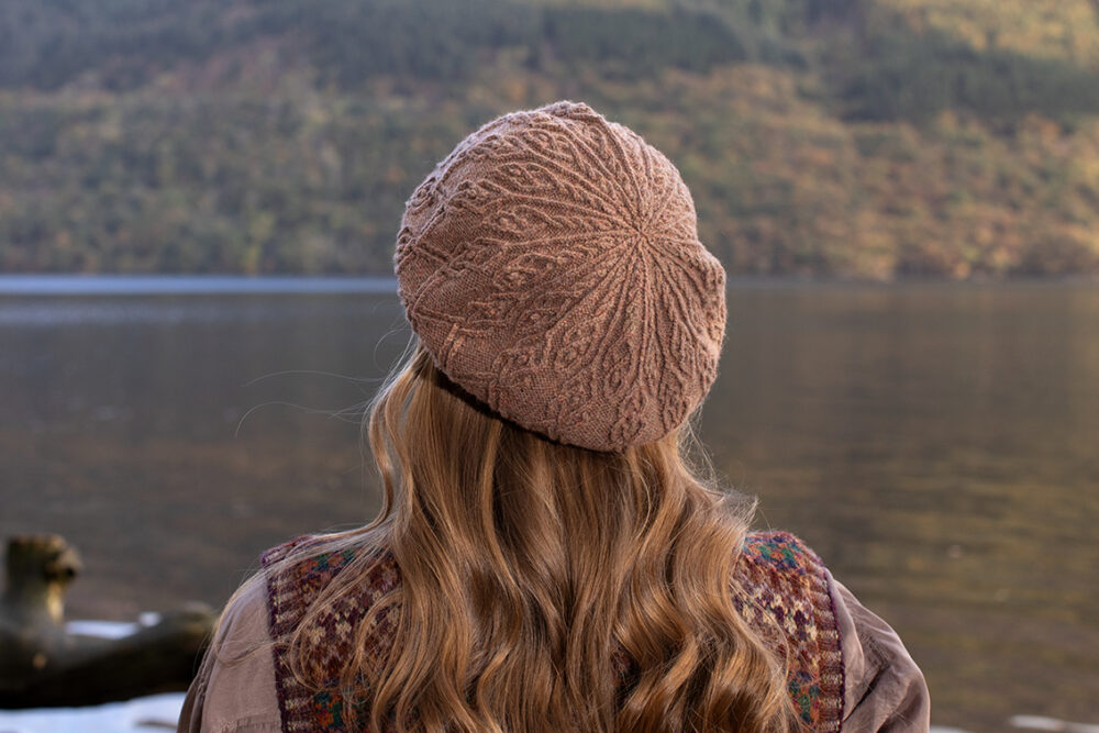 The Ruabhal Hat Set and Thoroughbred Vest patterncard kit designs by Alice Starmore in Hebridean 2 Ply