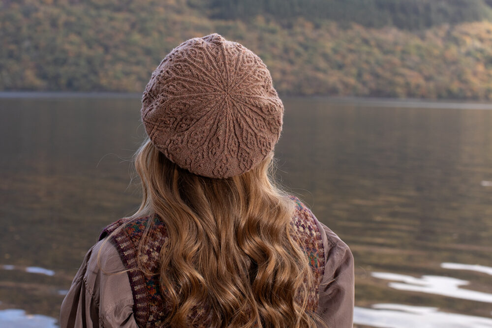 The Ruabhal Hat Set and Thoroughbred Vest patterncard kit designs by Alice Starmore in Hebridean 2 Ply