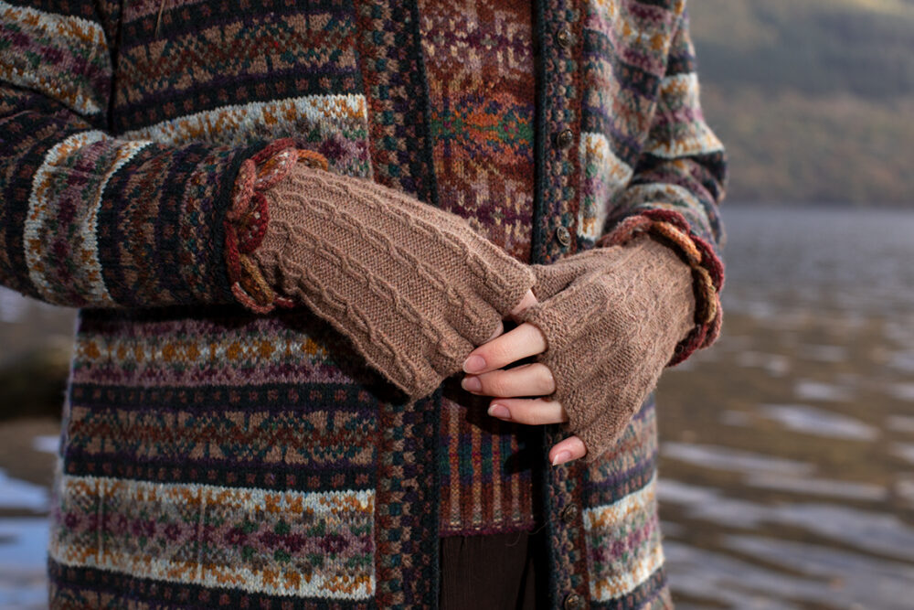 The Ruabhal Hat Set and Thoroughbred Vest patterncard kit designs by Alice Starmore in Hebridean 2 Ply