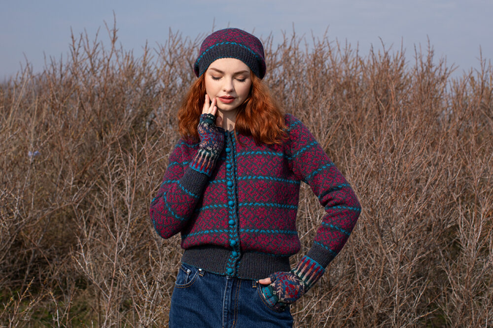 The Cassiopeia Cardgian and beret and Marina gloves patterncard kit designs by Alice Starmore in Hebridean 2 Ply
