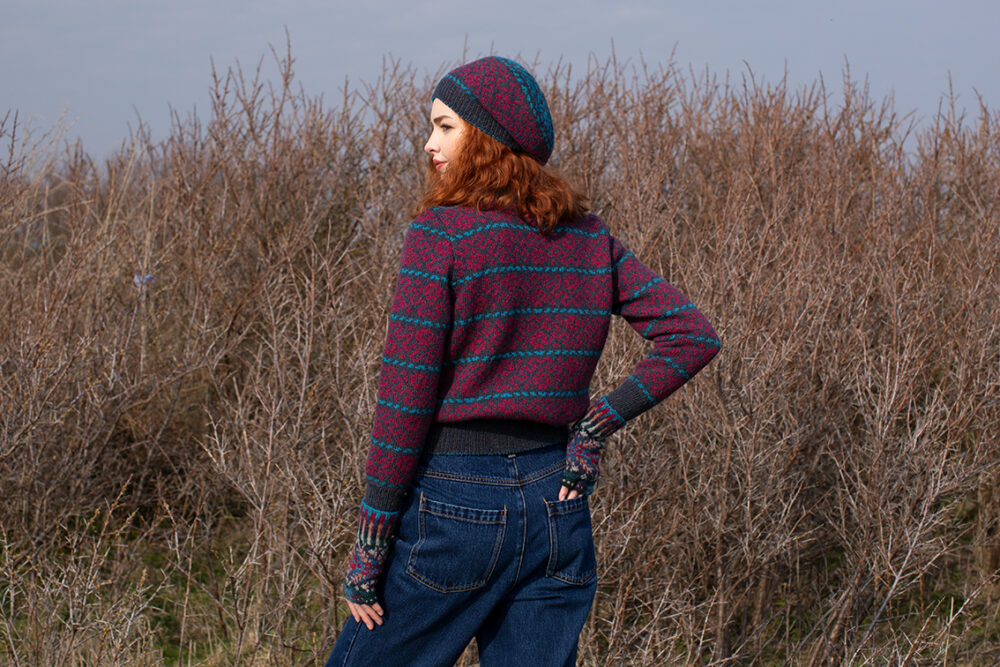The Cassiopeia Cardgian and beret and Marina gloves patterncard kit designs by Alice Starmore in Hebridean 2 Ply