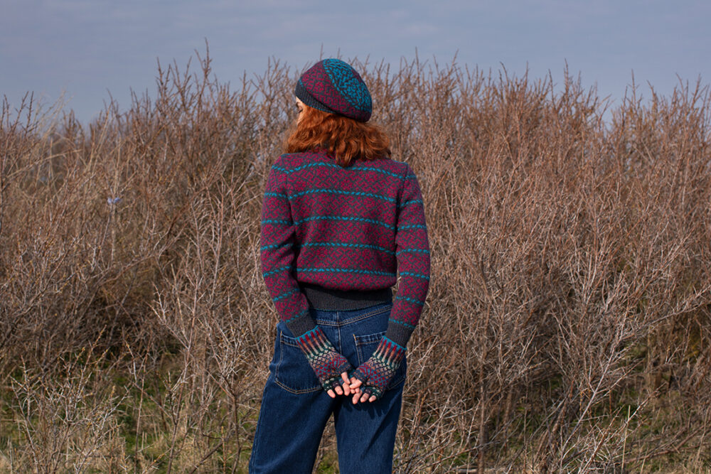 The Cassiopeia Cardgian and beret and Marina gloves patterncard kit designs by Alice Starmore in Hebridean 2 Ply