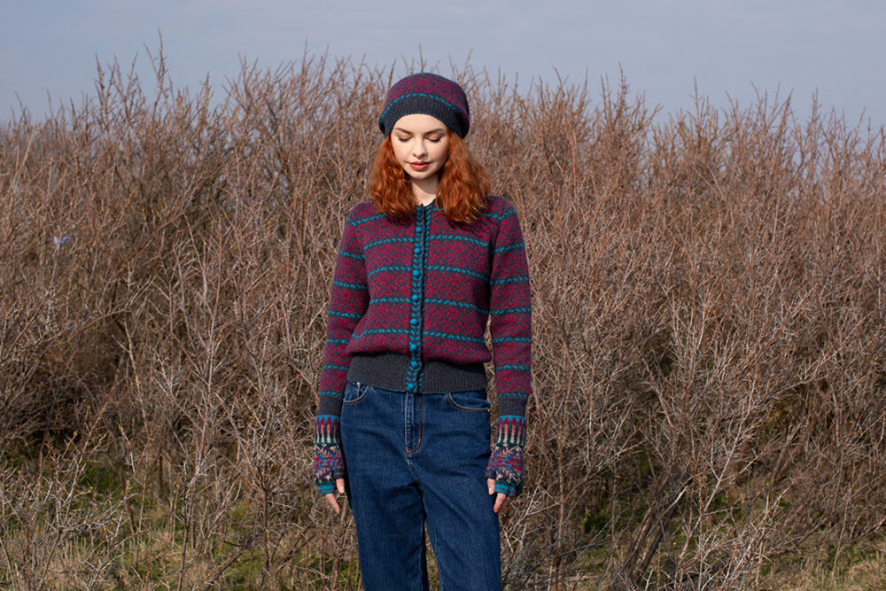 The Cassiopeia Cardgian and beret and Marina gloves patterncard kit designs by Alice Starmore in Hebridean 2 Ply
