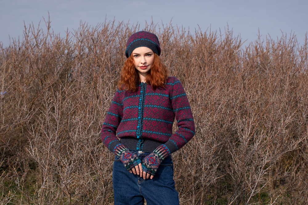 The Cassiopeia Cardgian and beret and Marina gloves patterncard kit designs by Alice Starmore in Hebridean 2 Ply