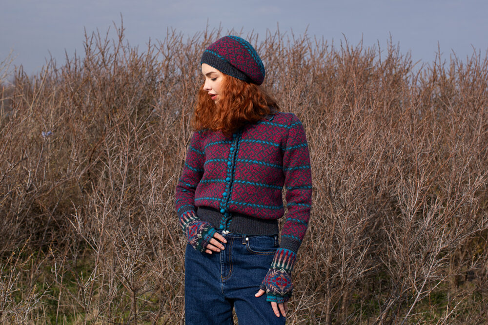 The Cassiopeia Cardgian and beret and Marina gloves patterncard kit designs by Alice Starmore in Hebridean 2 Ply