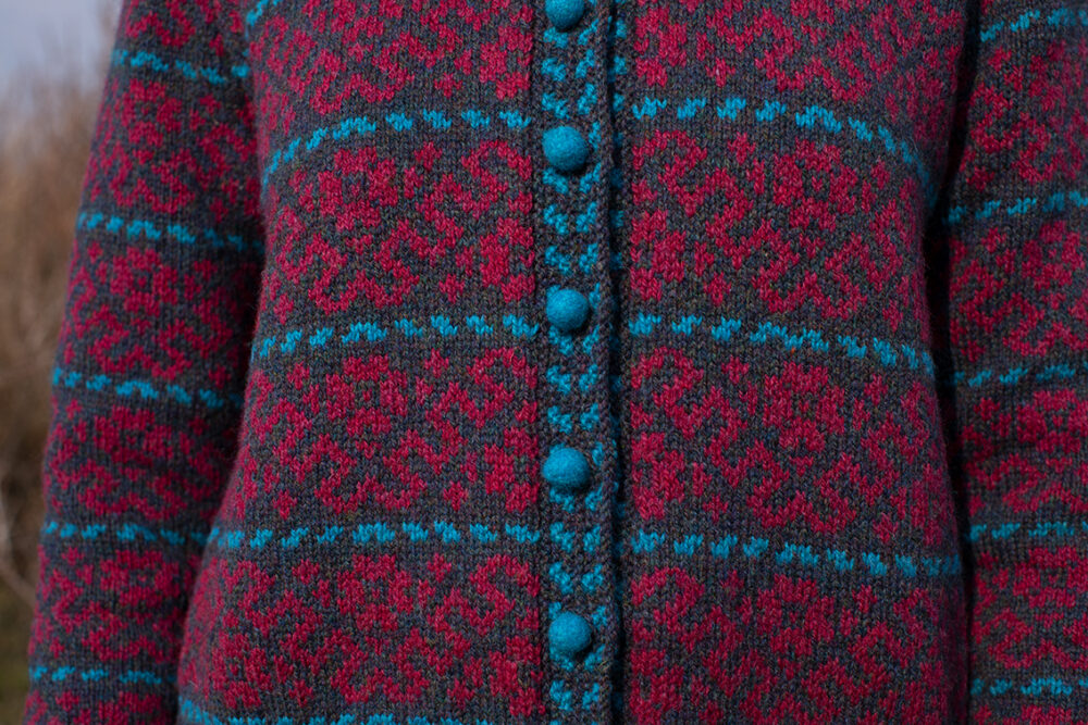 The Cassiopeia Cardgian and beret and Marina gloves patterncard kit designs by Alice Starmore in Hebridean 2 Ply