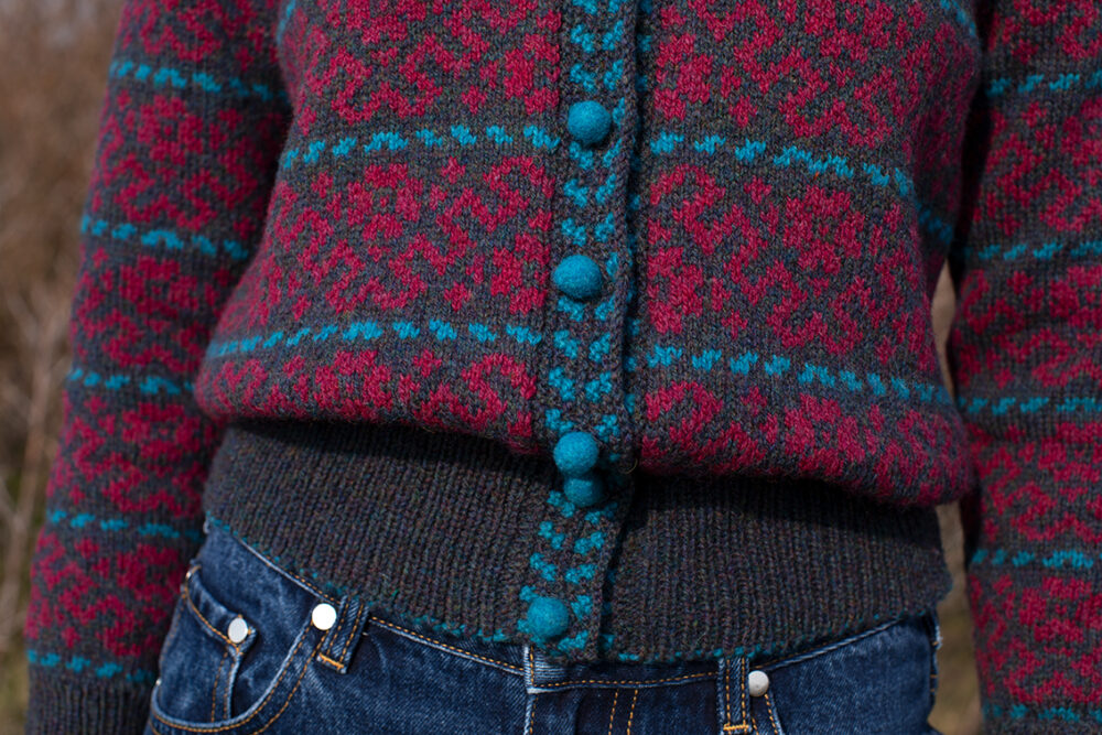 The Cassiopeia Cardgian and beret and Marina gloves patterncard kit designs by Alice Starmore in Hebridean 2 Ply