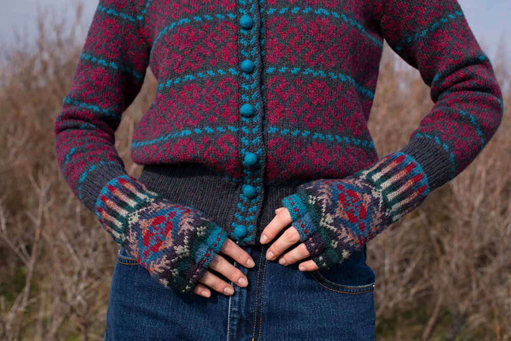 The Cassiopeia Cardgian and beret and Marina gloves patterncard kit designs by Alice Starmore in Hebridean 2 Ply
