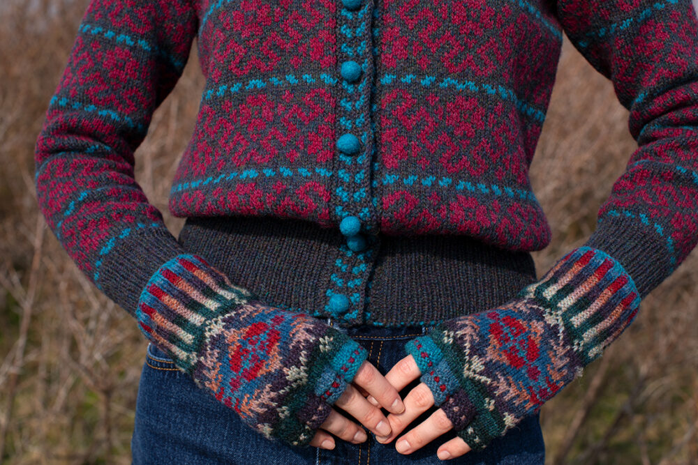 The Cassiopeia Cardgian and beret and Marina gloves patterncard kit designs by Alice Starmore in Hebridean 2 Ply