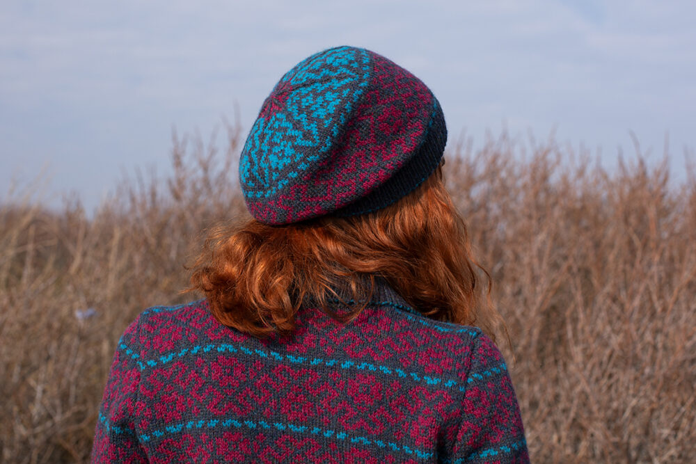 The Cassiopeia Cardgian and beret and Marina gloves patterncard kit designs by Alice Starmore in Hebridean 2 Ply