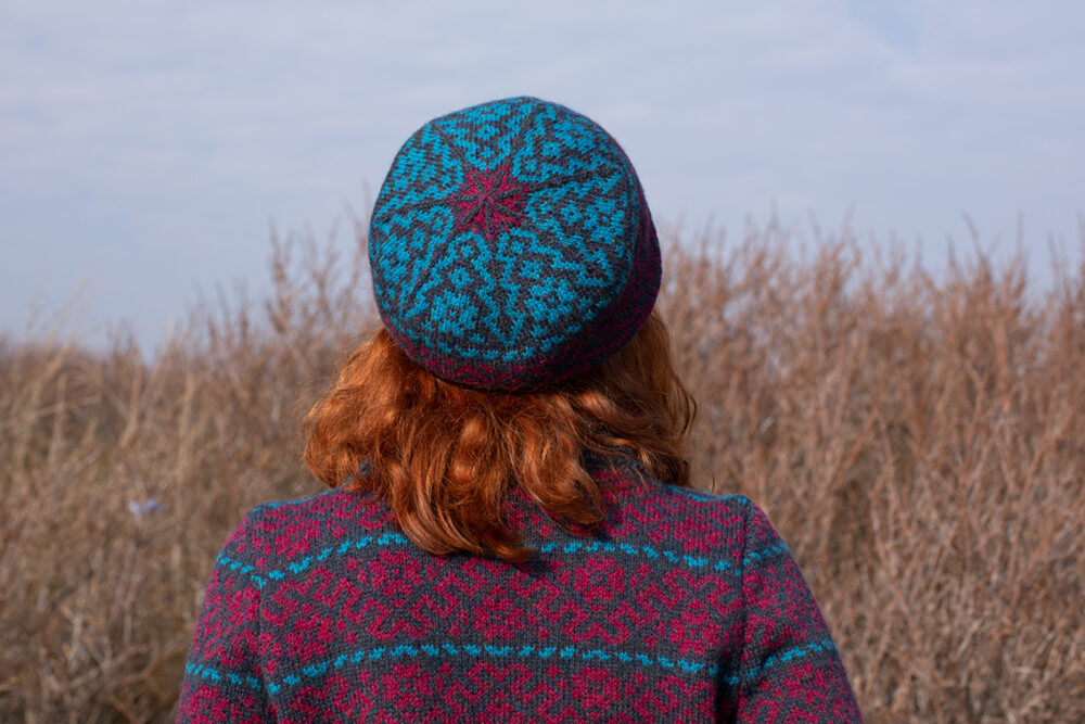 The Cassiopeia Cardgian and beret and Marina gloves patterncard kit designs by Alice Starmore in Hebridean 2 Ply
