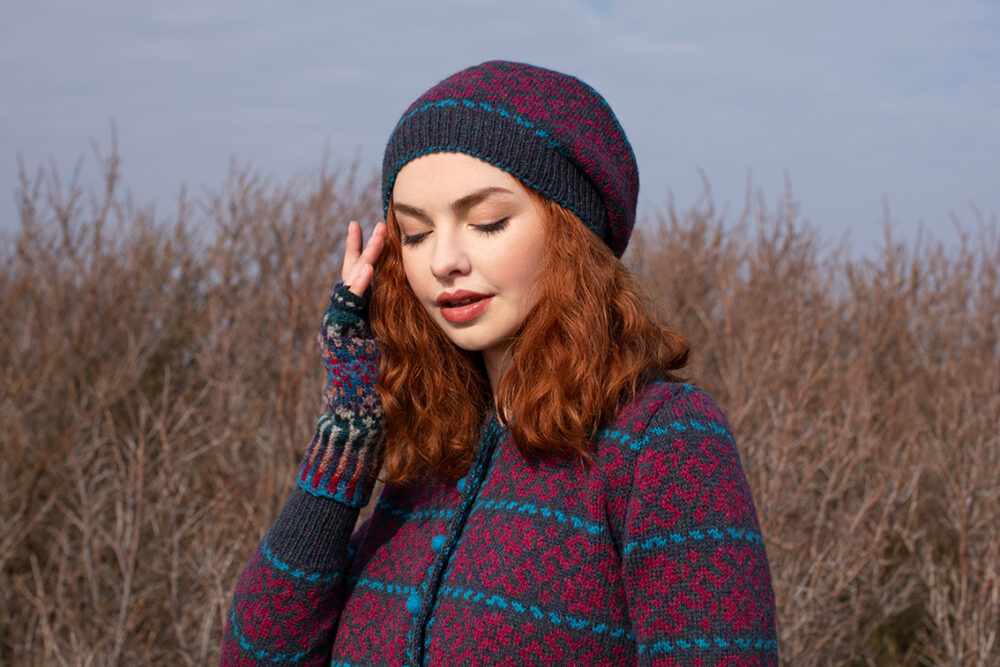 The Cassiopeia Cardgian and beret and Marina gloves patterncard kit designs by Alice Starmore in Hebridean 2 Ply