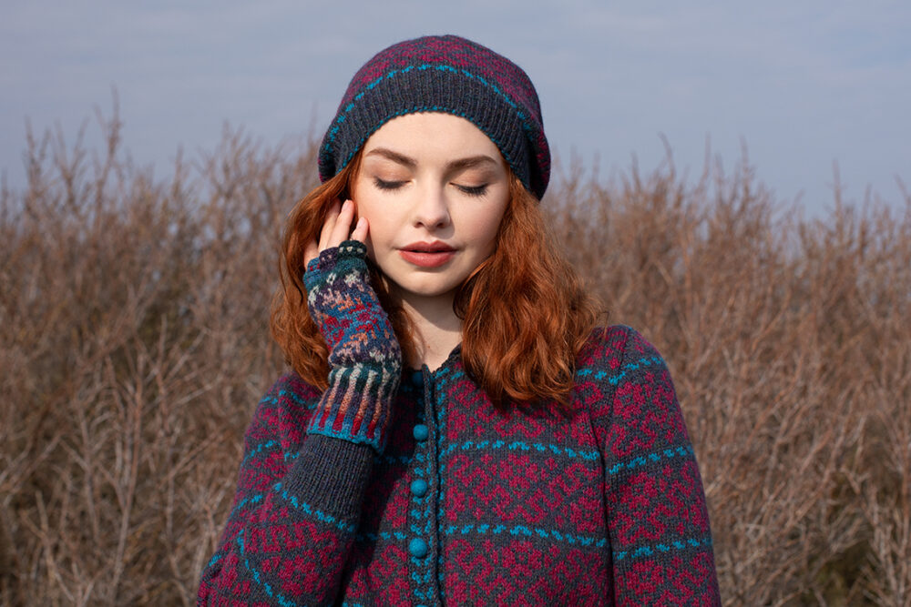 The Cassiopeia Cardgian and beret and Marina gloves patterncard kit designs by Alice Starmore in Hebridean 2 Ply