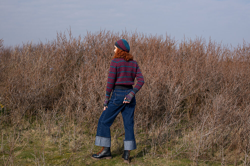 The Cassiopeia Cardgian and beret and Marina gloves patterncard kit designs by Alice Starmore in Hebridean 2 Ply