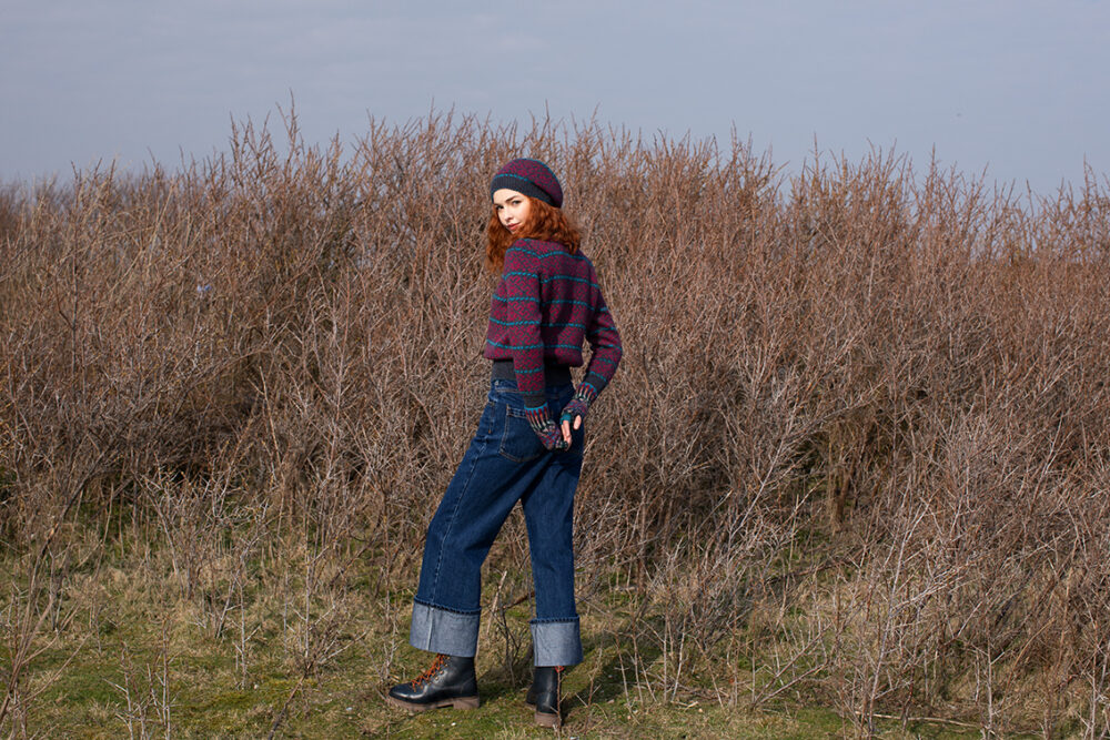 The Cassiopeia Cardgian and beret and Marina gloves patterncard kit designs by Alice Starmore in Hebridean 2 Ply