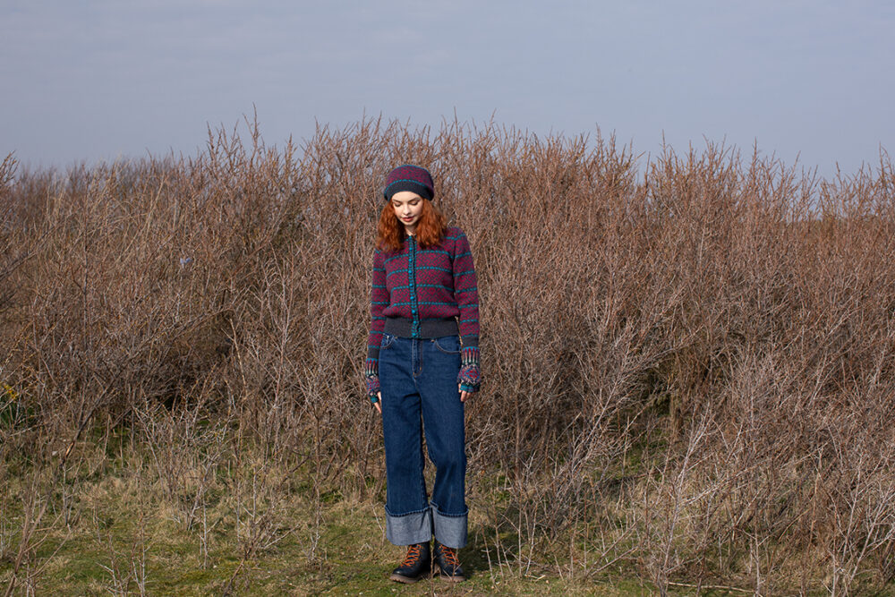 The Cassiopeia Cardgian and beret and Marina gloves patterncard kit designs by Alice Starmore in Hebridean 2 Ply
