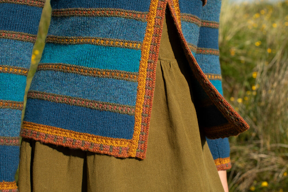 The Damselfly Cardigan patterncard kit design by Alice Starmore in Hebridean 2 Ply