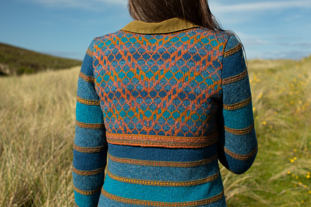 The Damselfly Cardigan patterncard kit design by Alice Starmore in Hebridean 2 Ply