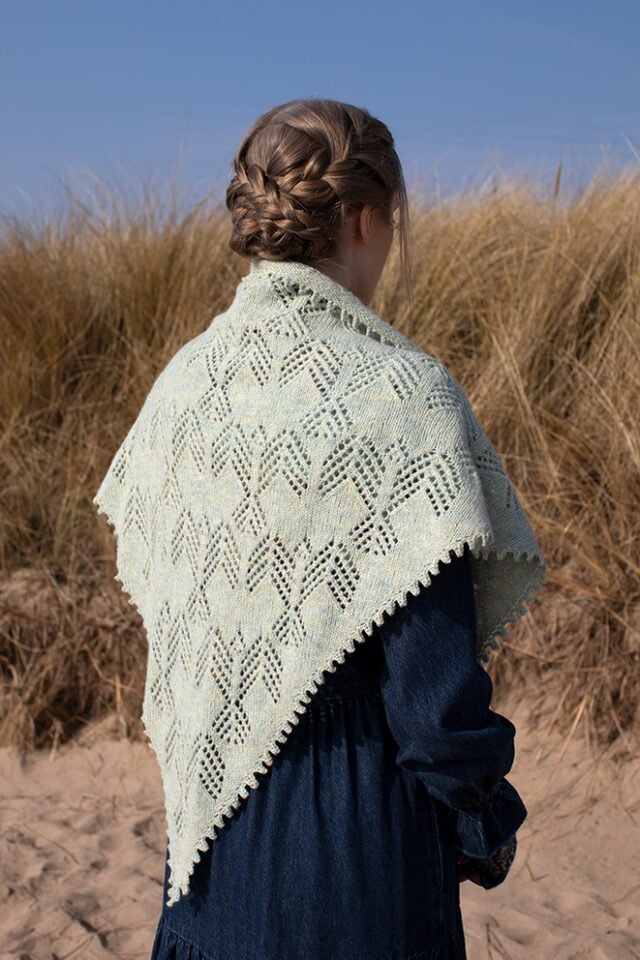 The Sulaire Shawl, Lapwing Collar and Hirta Gloves patterncard kit designs by Alice Starmore in Hebridean 2 Ply yarn