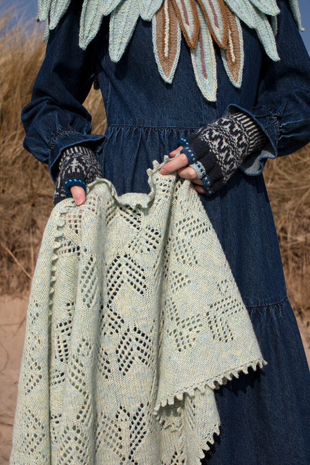 The Sulaire Shawl, Lapwing Collar and Hirta Gloves patterncard kit designs by Alice Starmore in Hebridean 2 Ply yarn