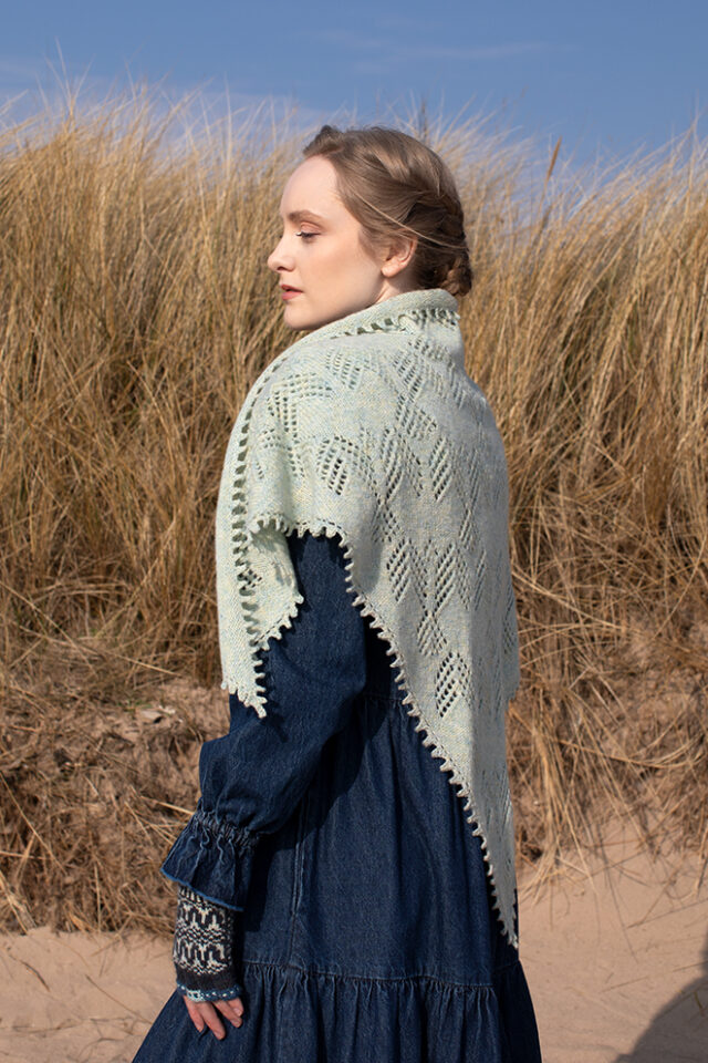 The Sulaire Shawl, Lapwing Collar and Hirta Gloves patterncard kit designs by Alice Starmore in Hebridean 2 Ply yarn