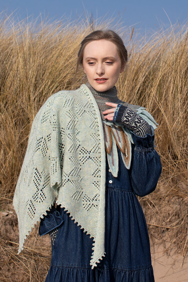 The Sulaire Shawl, Lapwing Collar and Hirta Gloves patterncard kit designs by Alice Starmore in Hebridean 2 Ply yarn