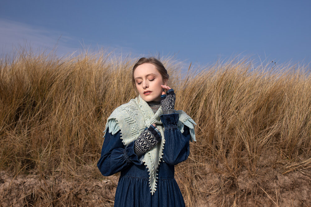 The Sulaire Shawl, Lapwing Collar and Hirta Gloves patterncard kit designs by Alice Starmore in Hebridean 2 Ply yarn
