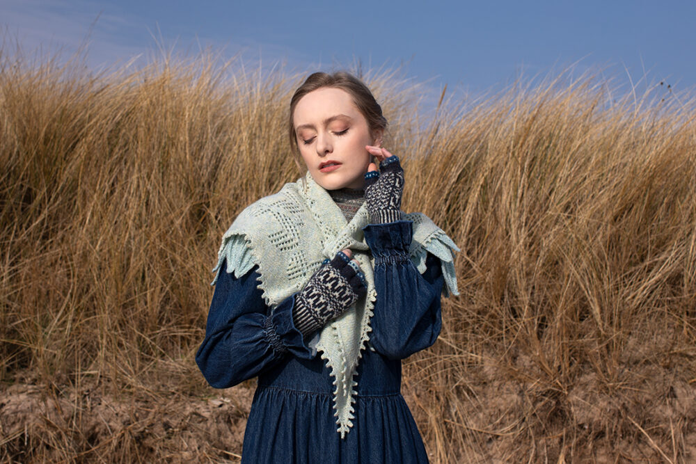 The Sulaire Shawl, Lapwing Collar and Hirta Gloves patterncard kit designs by Alice Starmore in Hebridean 2 Ply yarn