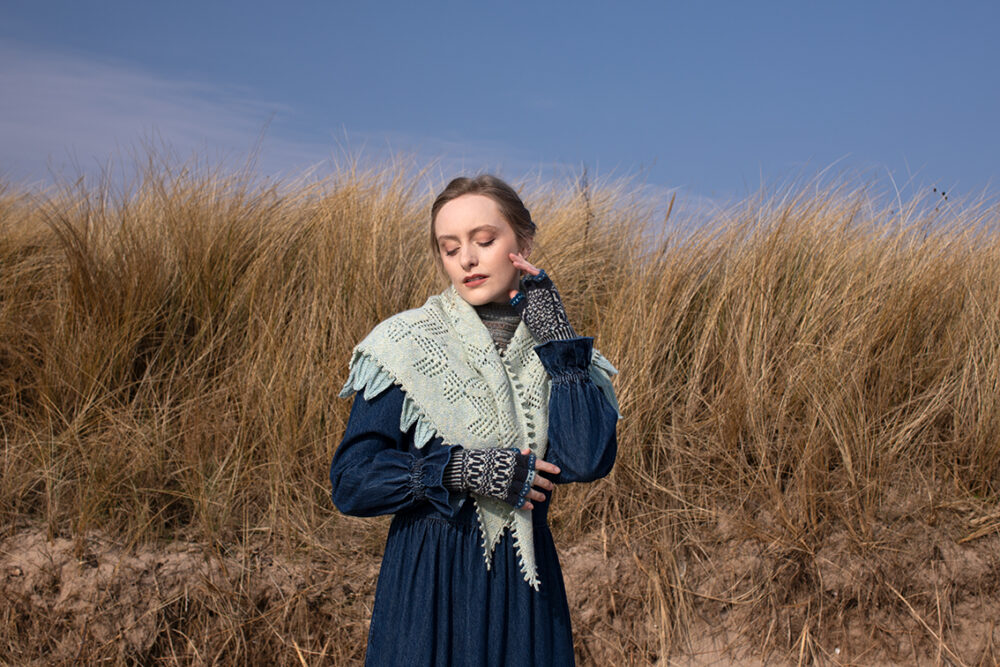 The Sulaire Shawl, Lapwing Collar and Hirta Gloves patterncard kit designs by Alice Starmore in Hebridean 2 Ply yarn