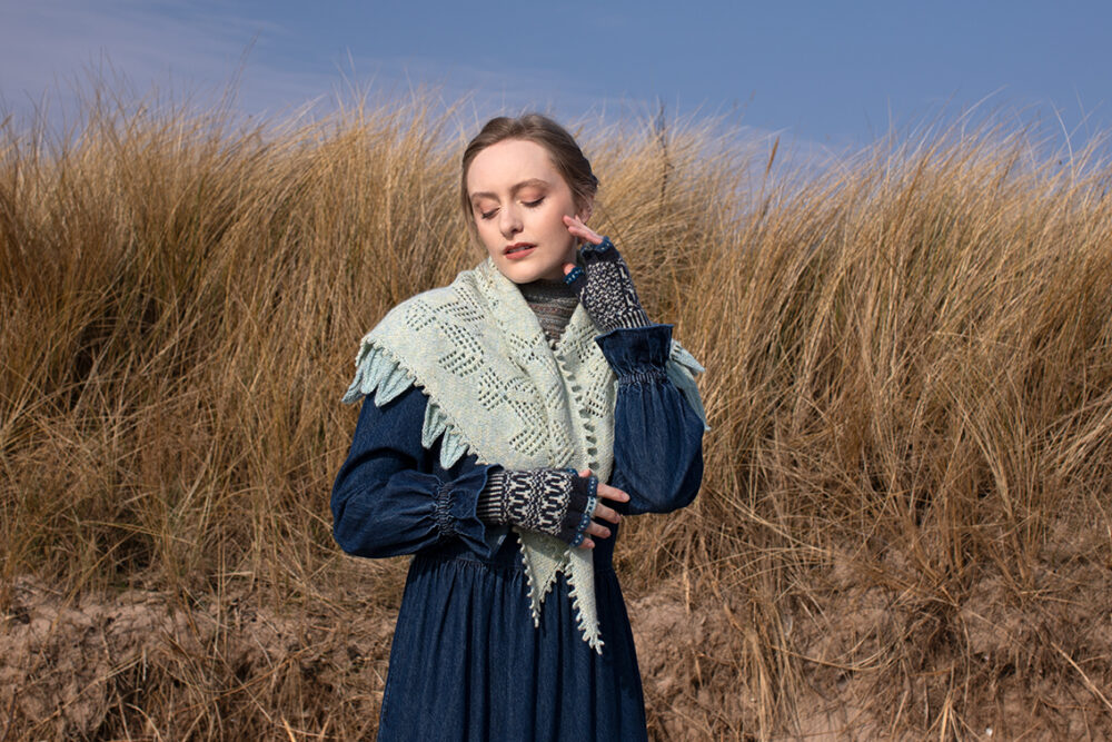 The Sulaire Shawl, Lapwing Collar and Hirta Gloves patterncard kit designs by Alice Starmore in Hebridean 2 Ply yarn