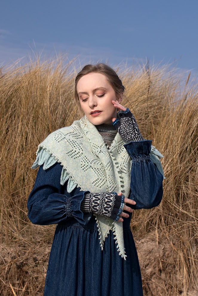 The Sulaire Shawl, Lapwing Collar and Hirta Gloves patterncard kit designs by Alice Starmore in Hebridean 2 Ply yarn