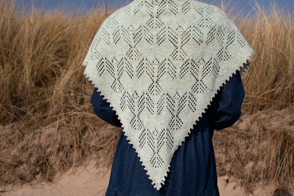 The Sulaire Shawl, Lapwing Collar and Hirta Gloves patterncard kit designs by Alice Starmore in Hebridean 2 Ply yarn
