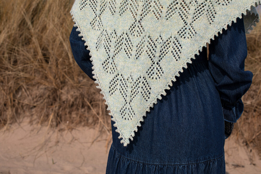 The Sulaire Shawl, Lapwing Collar and Hirta Gloves patterncard kit designs by Alice Starmore in Hebridean 2 Ply yarn