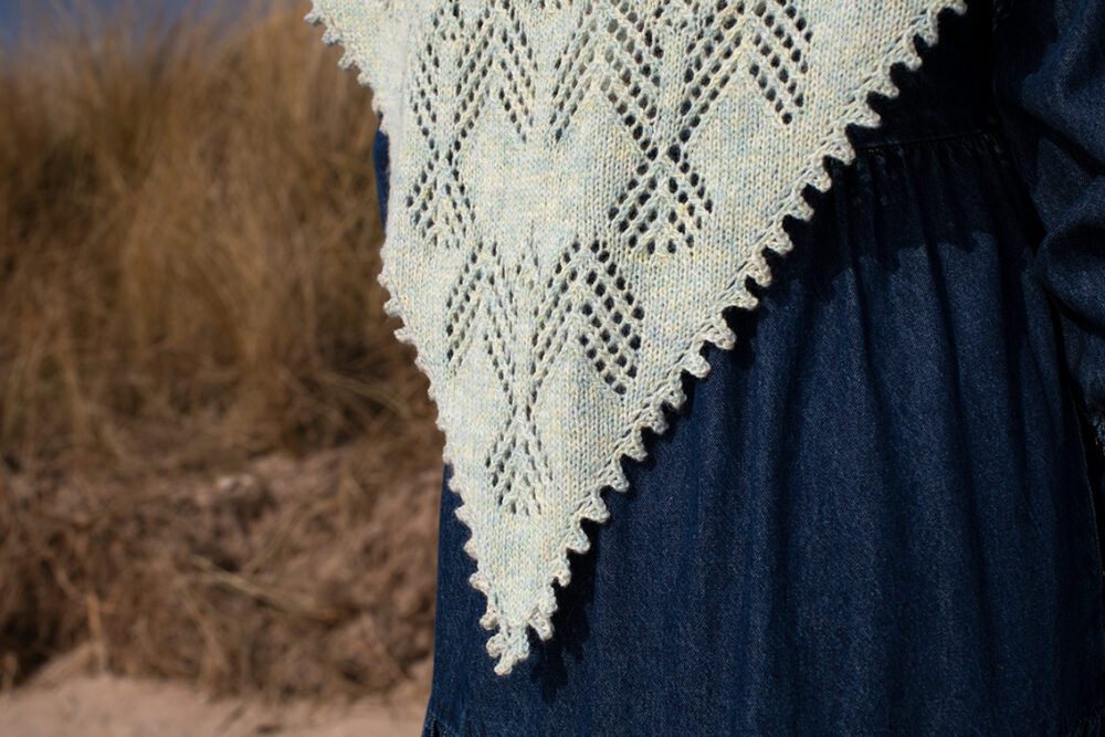 The Sulaire Shawl, Lapwing Collar and Hirta Gloves patterncard kit designs by Alice Starmore in Hebridean 2 Ply yarn