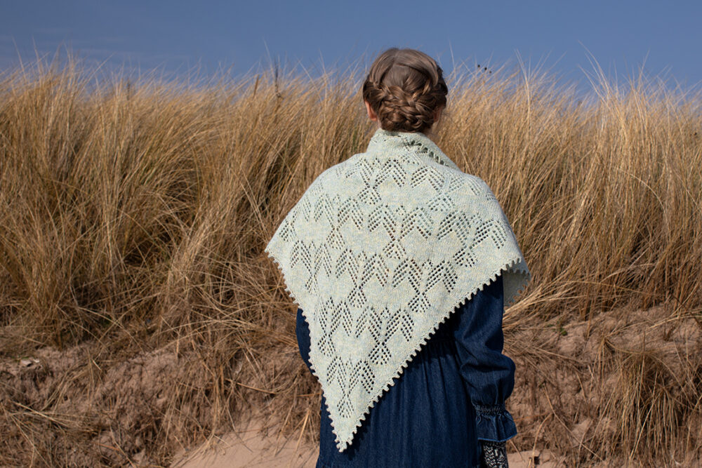 The Sulaire Shawl, Lapwing Collar and Hirta Gloves patterncard kit designs by Alice Starmore in Hebridean 2 Ply yarn