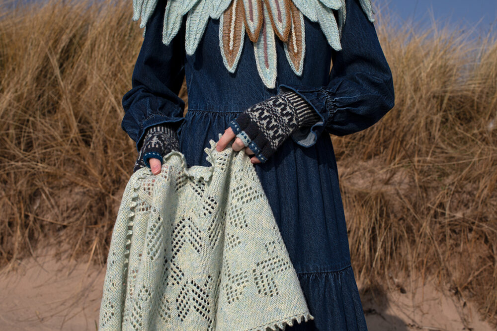 The Sulaire Shawl, Lapwing Collar and Hirta Gloves patterncard kit designs by Alice Starmore in Hebridean 2 Ply yarn