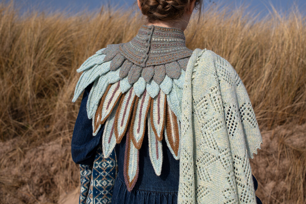 The Sulaire Shawl, Lapwing Collar, Ripple Wrap and Hirta Gloves patterncard kit designs by Alice Starmore in Hebridean 2 Ply yarn