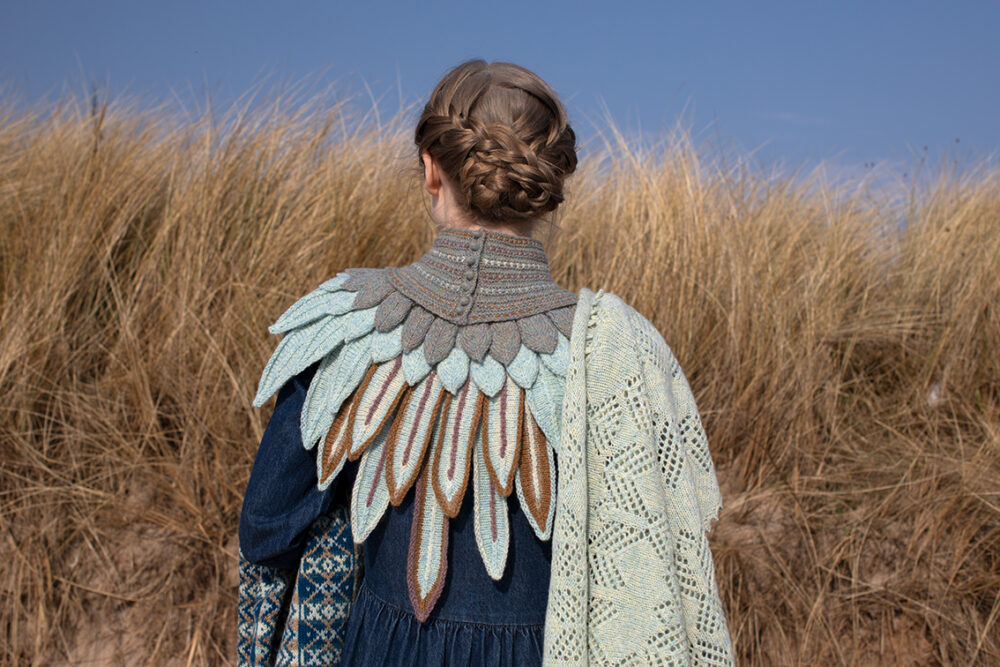 The Sulaire Shawl, Lapwing Collar, Ripple Wrap and Hirta Gloves patterncard kit designs by Alice Starmore in Hebridean 2 Ply yarn