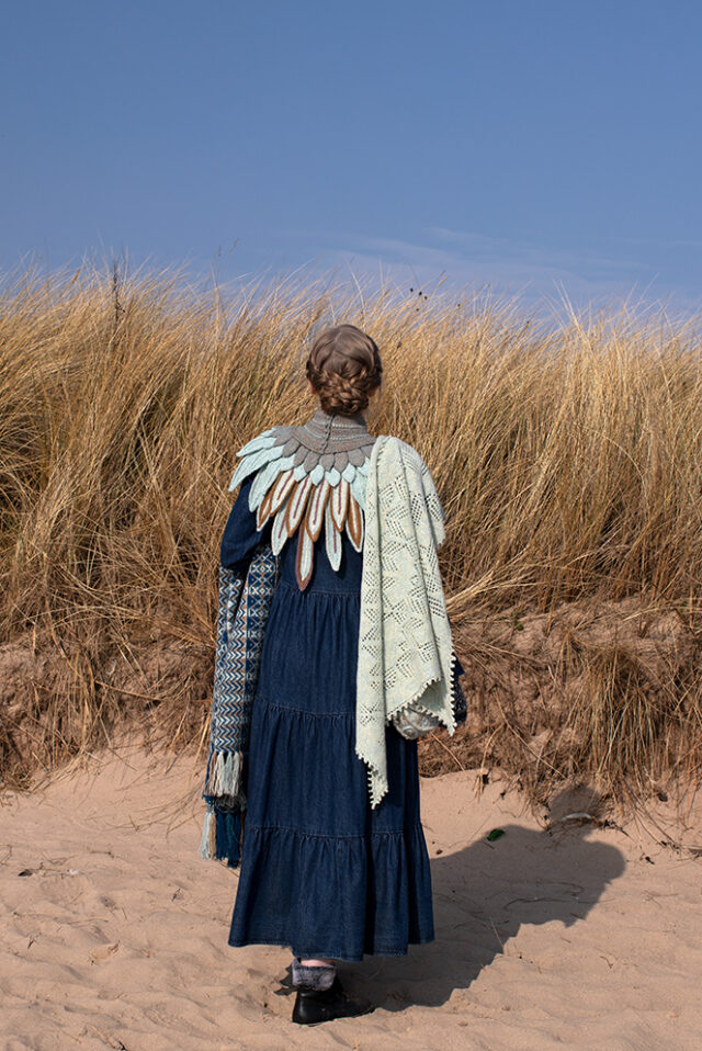 The Sulaire Shawl, Lapwing Collar, Ripple Wrap and Hirta Gloves patterncard kit designs by Alice Starmore in Hebridean 2 Ply yarn