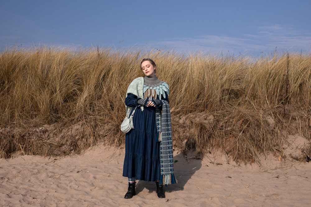 The Sulaire Shawl, Lapwing Collar, Ripple Wrap and Hirta Gloves patterncard kit designs by Alice Starmore in Hebridean 2 Ply yarn