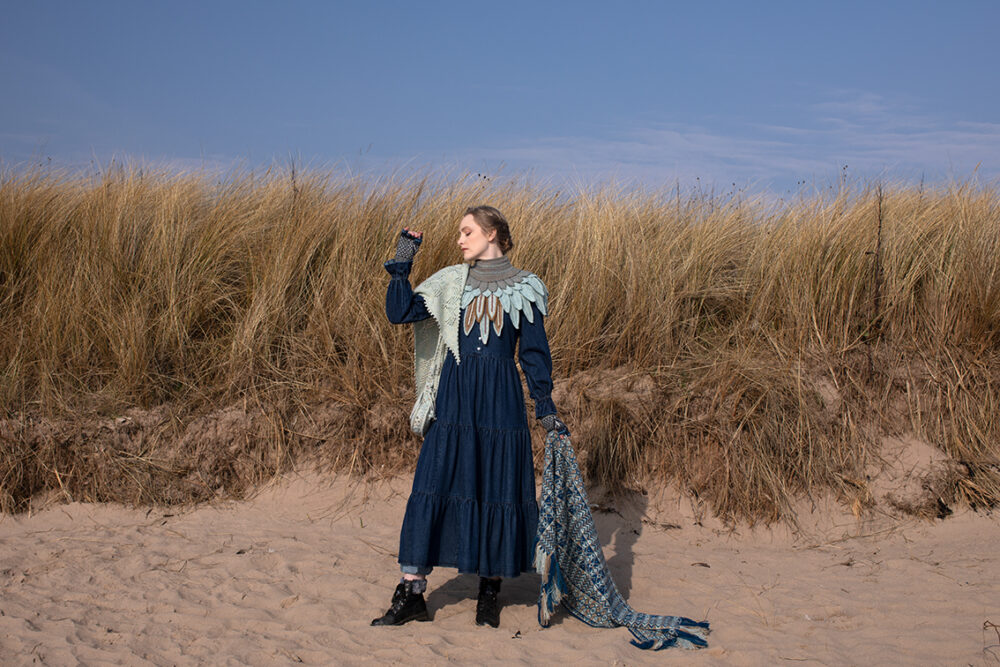 The Sulaire Shawl, Lapwing Collar, Ripple Wrap and Hirta Gloves patterncard kit designs by Alice Starmore in Hebridean 2 Ply yarn
