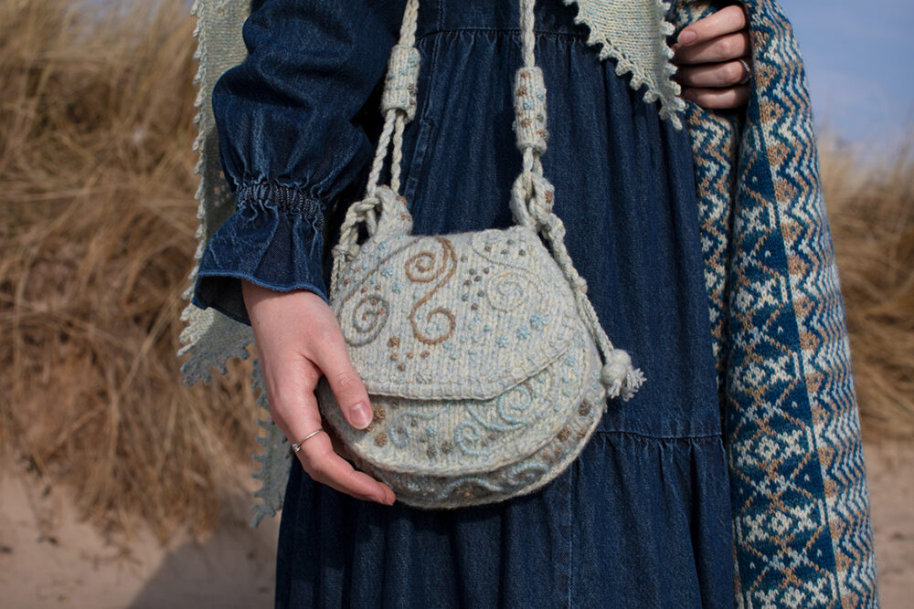 The Sulaire Shawl and Ripple Wrap patterncard kit designs and Sporran Bag from Creative Course 3 by Alice Starmore in Hebridean 2 Ply yarn