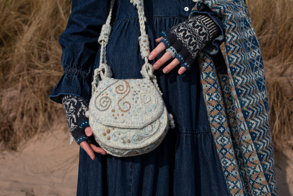 The Sulaire Shawl and Ripple Wrap patterncard kit designs and Sporran Bag from Creative Course 3 by Alice Starmore in Hebridean 2 Ply yarn