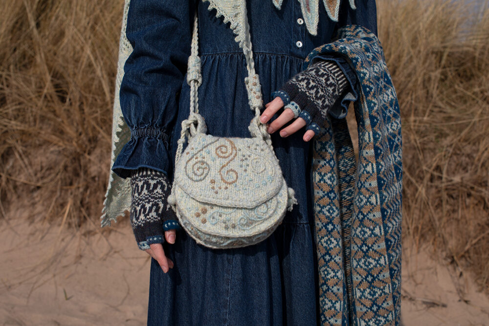 The Sulaire Shawl and Ripple Wrap patterncard kit designs and Sporran Bag from Creative Course 3 by Alice Starmore in Hebridean 2 Ply yarn