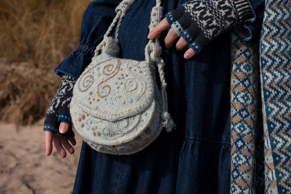 The Sulaire Shawl and Ripple Wrap patterncard kit designs and Sporran Bag from Creative Course 3 by Alice Starmore in Hebridean 2 Ply yarn
