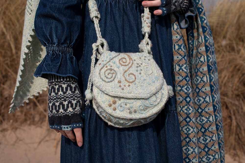The Sulaire Shawl and Ripple Wrap patterncard kit designs and Sporran Bag from Creative Course 3 by Alice Starmore in Hebridean 2 Ply yarn